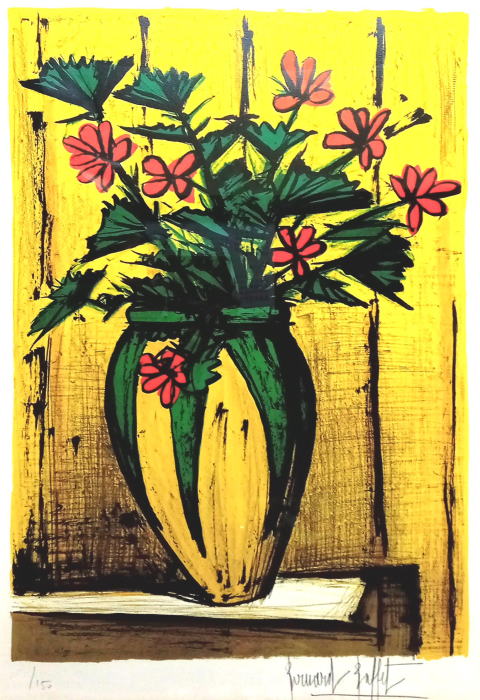 ビュッフェ 黄色い背景の赤い花 (花瓶の花) 1978年　リトグラフ